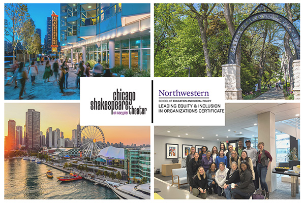 a collage showing prominent places of chicago like navy pier, the iconic Chicago Shakespeare Theater  and Northwestern univeristy arch