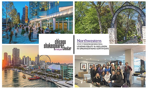 a collage showing prominent places of chicago like navy pier, the iconic Chicago Shakespeare Theater  and Northwestern univeristy arch