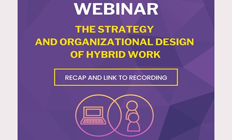 A purple background with text that says "The Strategy and Organizational Design of Hybrid Work"
