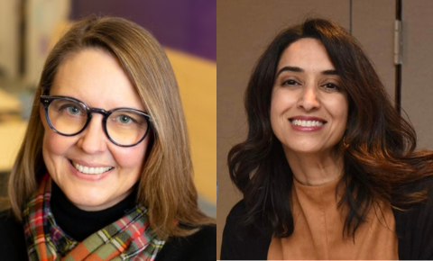 Christin Glodek (left) has blonde hair and glasses. Kavita Kapadia Matsko (right) has dark brown hair. Both are smiling.