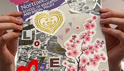 Person holds up a completed collage with Northwestern SESP text, hearts, a map, and pink blossoms.