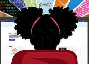 graphic of back of girl's head looking at computer screen