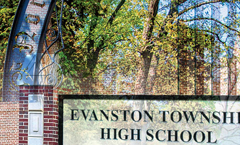 collage of Northwestern arch and Evanston Township High School sign