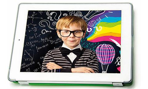 bow-tie wearing boy on tablet screen
